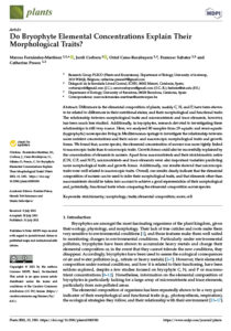 Differences in the elemental composition of plants, mainly C, N, and P, have been shown to be related to differences in their nutritional status, and their morphological and functional traits. The relationship between morphological traits and micronutrients and trace elements, however, has been much less studied. Additionally, in bryophytes, research devoted to investigating these relationships is still very scarce. Here, we analysed 80 samples from 29 aquatic and semi-aquatic (hygrophytic) moss species living in Mediterranean springs to investigate the relationship between moss nutrient concentrations and their micro- and macroscopic morphological traits and growth forms. We found that, across species, the elemental concentration of mosses was more tightly linked to macroscopic traits than to microscopic traits. Growth forms could also be successfully explained by the concentration of elements in mosses. Apart from macronutrients and their stoichiometric ratios (C:N, C:P, and N:P), micronutrients and trace elements were also important variables predicting moss morphological traits and growth forms. Additionally, our results showed that microscopic traits were well related to macroscopic traits. Overall, our results clearly indicate that the elemental composition of mosses can be used to infer their morphological traits, and that elements other than macronutrients should be taken into account to achieve a good representation of their morphological and, potentially, functional traits when comparing the elemental composition across species.